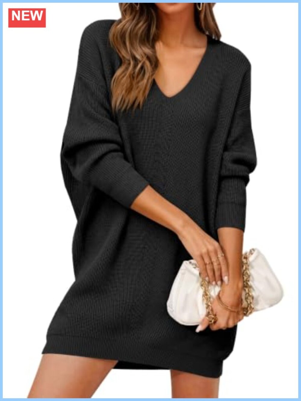 Saodimallsu Womens V Neck Sweater Dress Long Sleeve Ribbed Knit Mini Dress